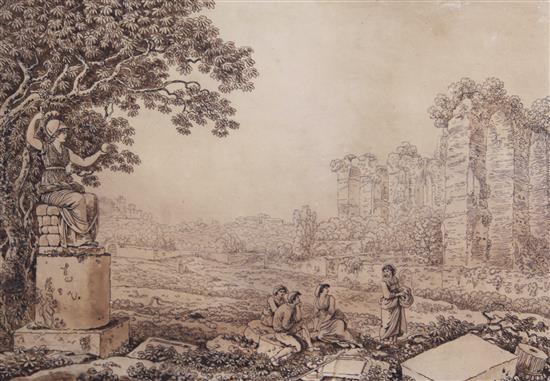 Early 19th century English School Figures beside classical ruins, 14.5 x 20.25in.